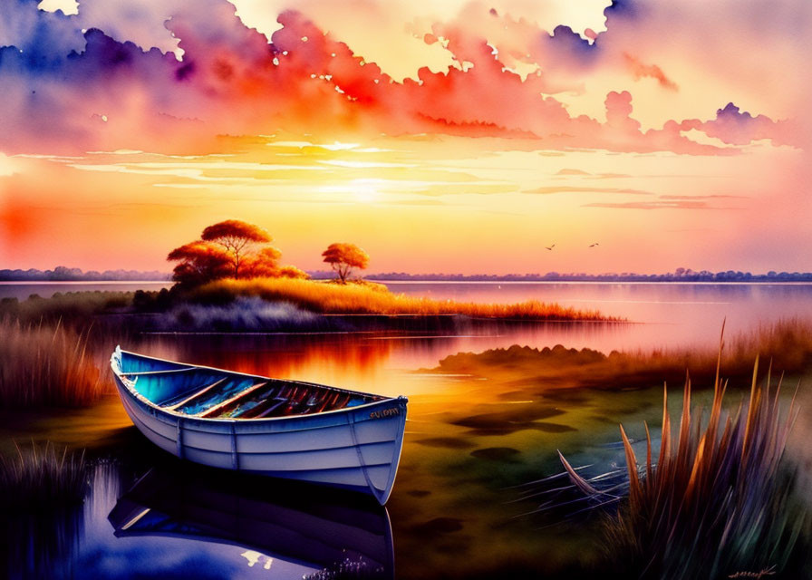 Tranquil sunset scene with vibrant sky colors, reflecting water, solitary boat, and silhouet