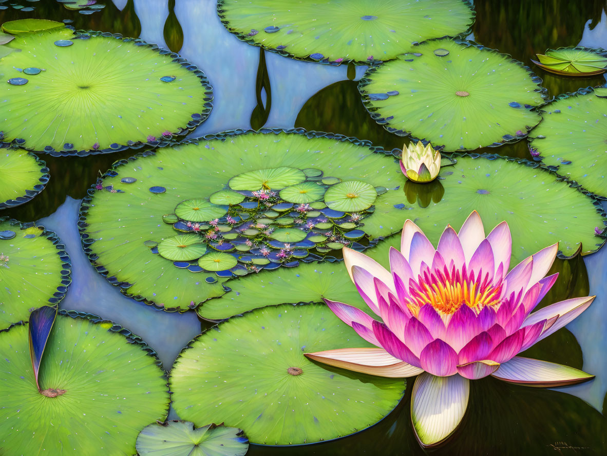 Pink and White Water Lily Bloom with Lily Pads on Calm Water