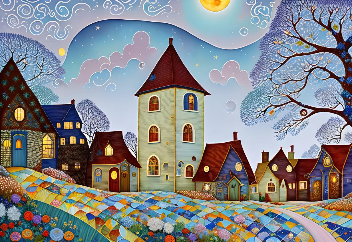 Vibrant village illustration with patchwork fields and starry sky