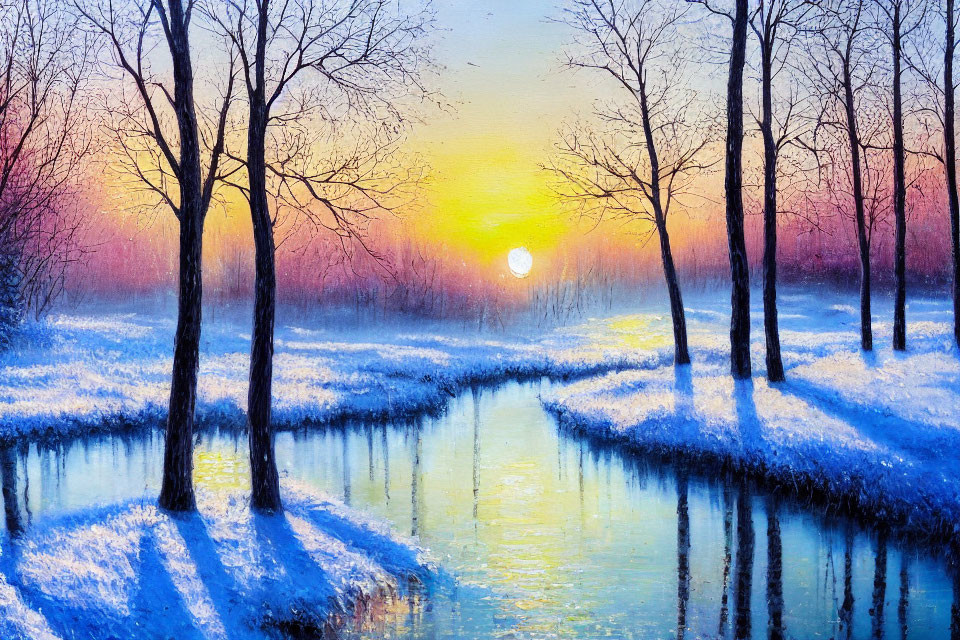 Winter sunset painting with bare trees and icy river in vibrant colors