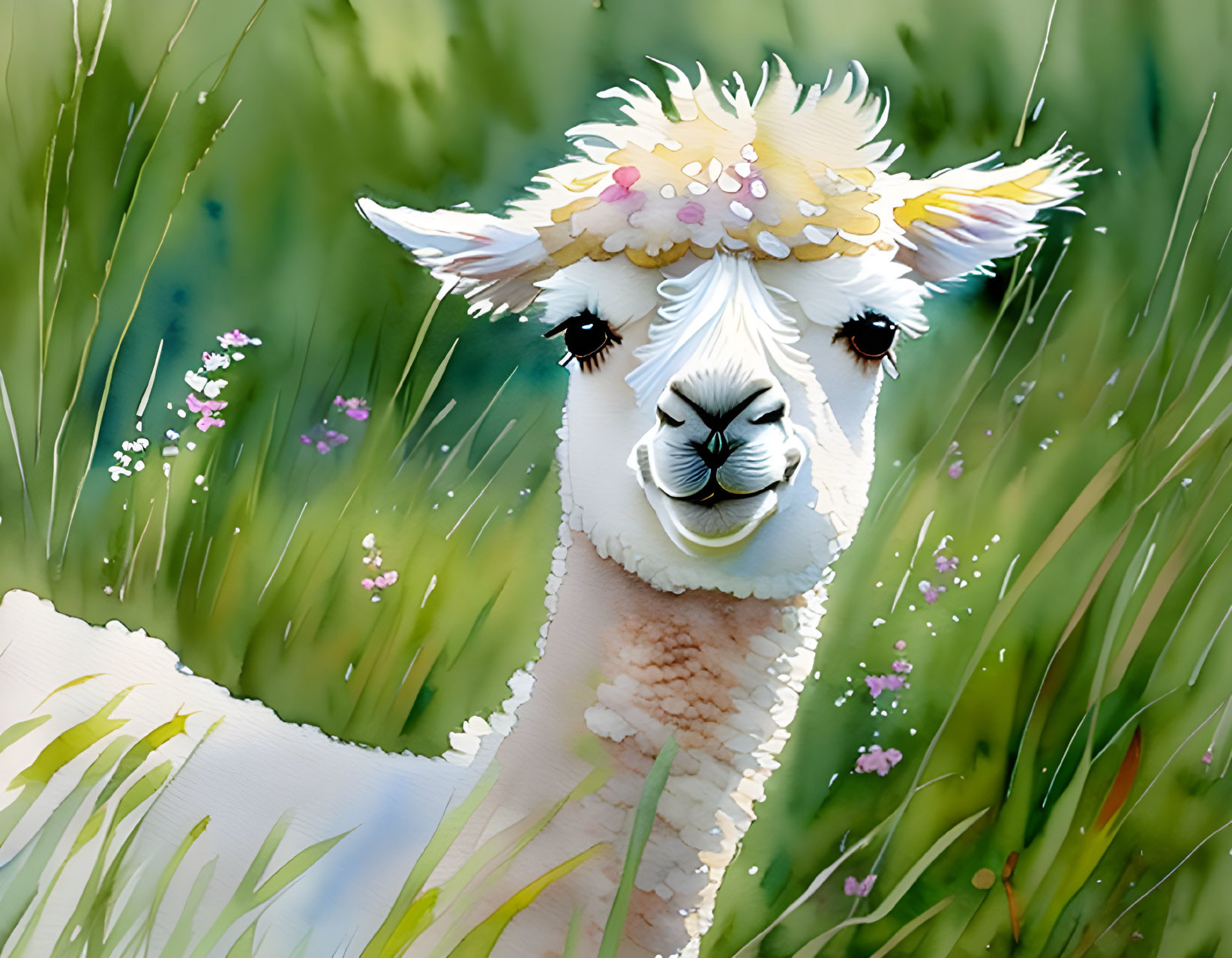 Whimsical llama with floral crown in colorful meadow