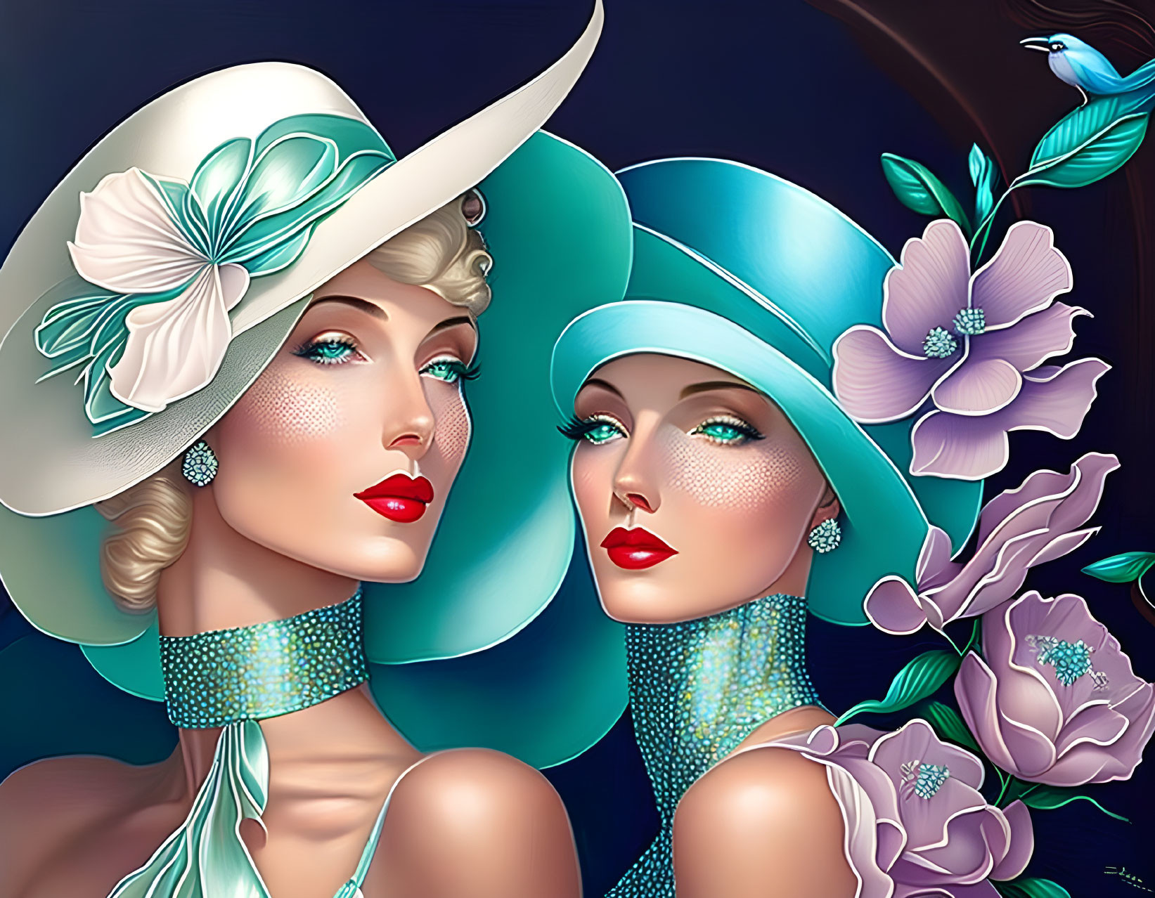 Stylized women with elaborate hats in vibrant turquoise and purple colors