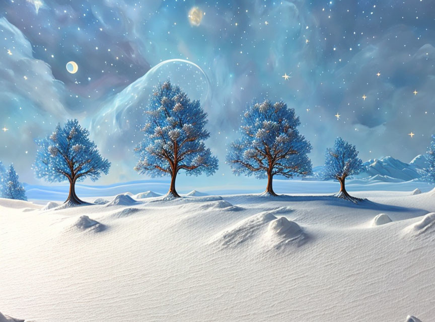 Winter Night Scene: Snowy Landscape, Four Trees, Starry Sky