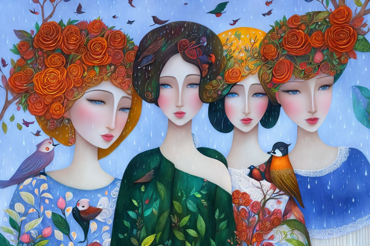 Four stylized female figures with ornate floral headdresses and birds in whimsical art style