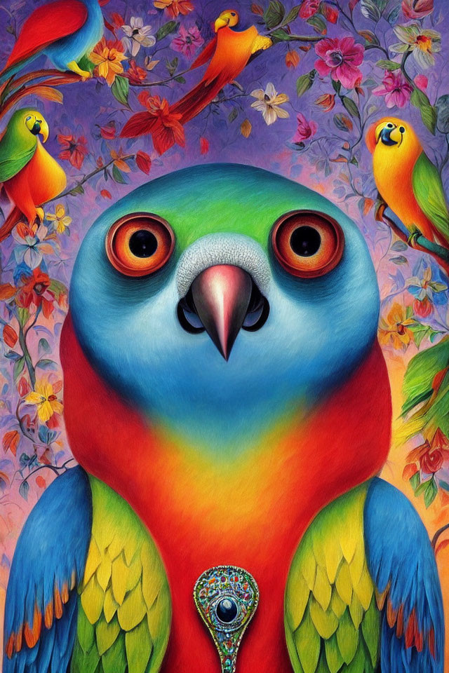 Colorful Parrot Illustration with Rich Flora Background