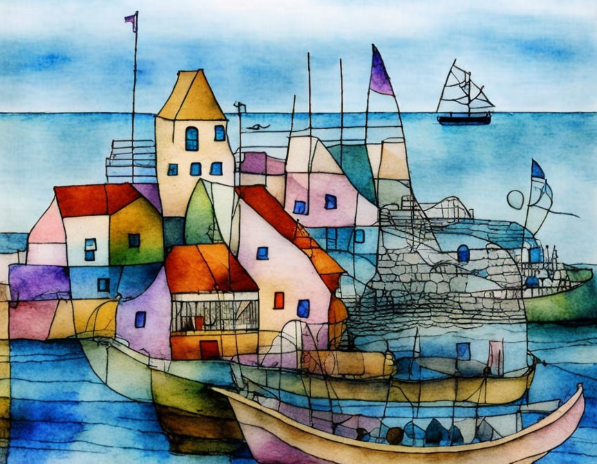 Vibrant watercolor painting of a colorful seaside village with boats and a ship under a blue sky