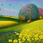 Colorful landscape with whimsical trees, spheres, hills, and yellow flowers under a stylized sky