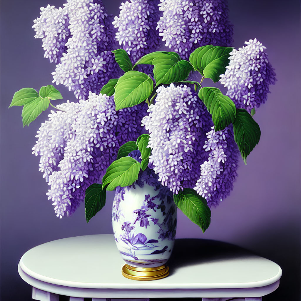 Purple lilacs bouquet in white vase on white table against purple background