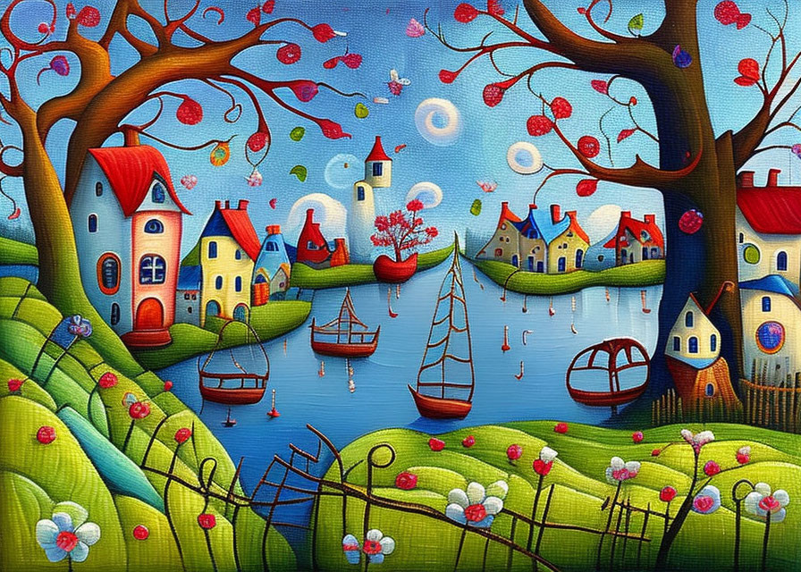 Colorful landscape painting: stylized houses, heart-shaped tree, boats on serene water