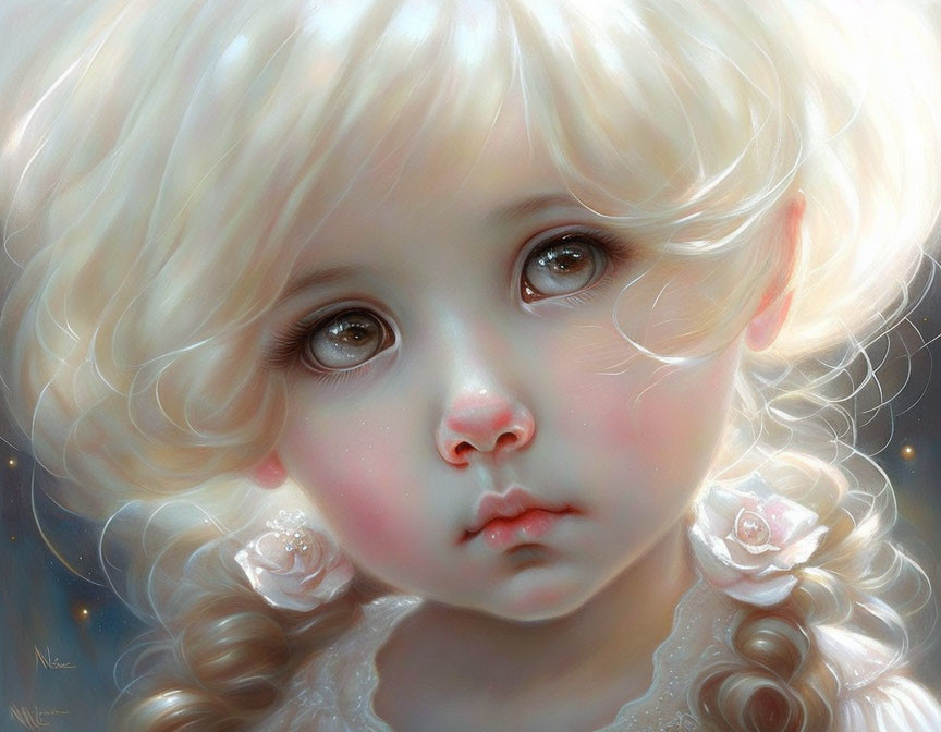 Portrait of a young girl with big eyes and curly blonde hair