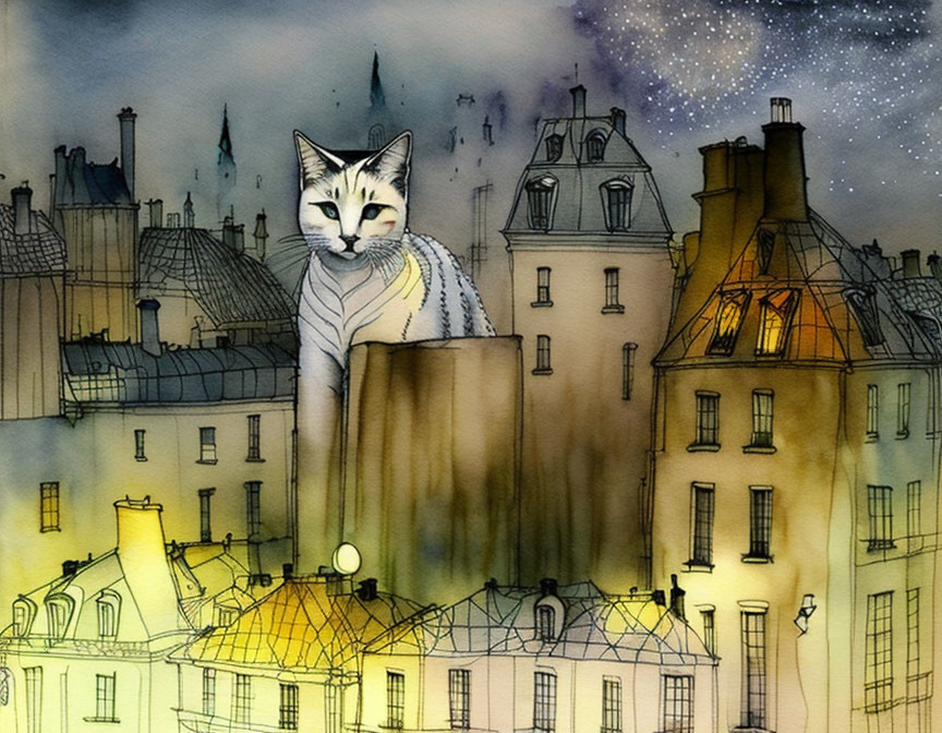 Giant cat perched on city buildings under starry night sky