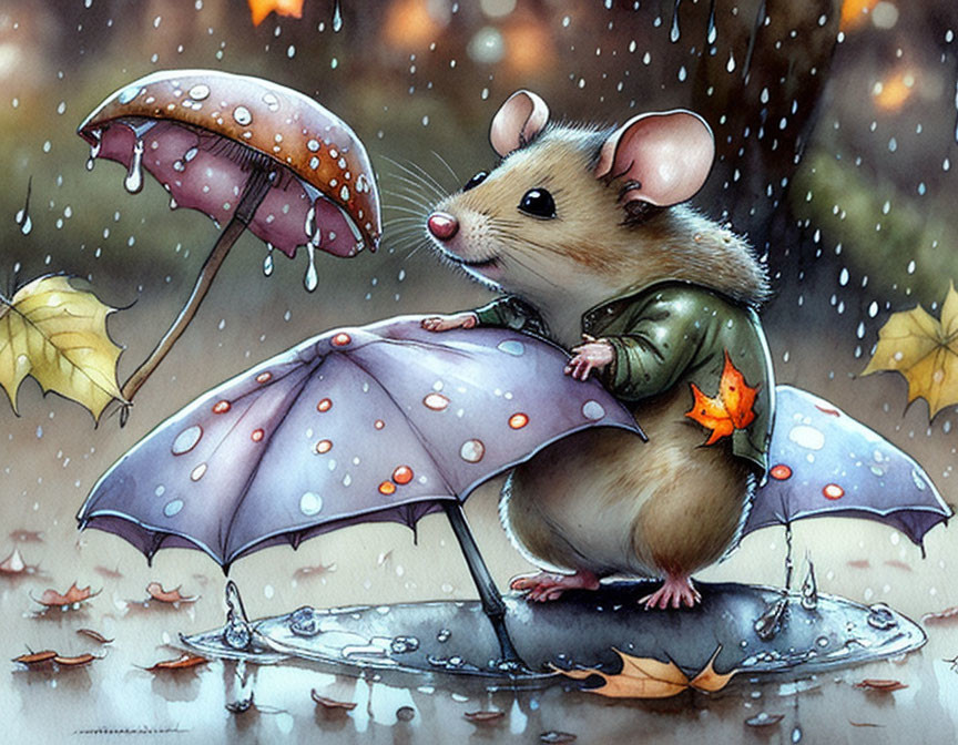 Illustrated mouse in green coat with polka dot umbrella in rainy autumn scene