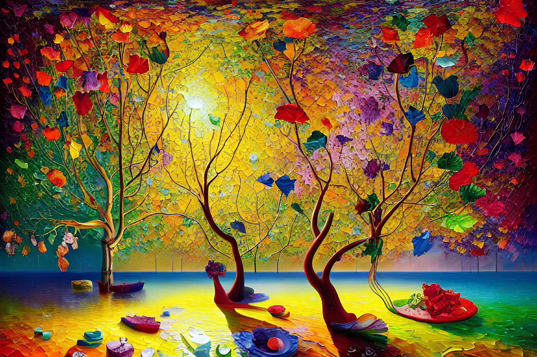 Vibrant painting of trees, river, and flowers on luminous backdrop