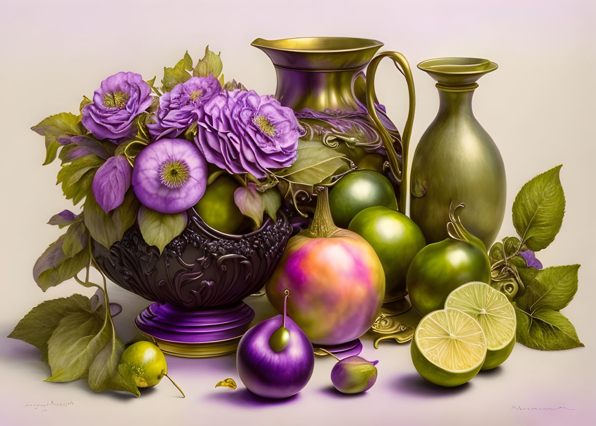 Purple Flowers, Brass Bowl, Fruit, and Lemon in Still Life Painting