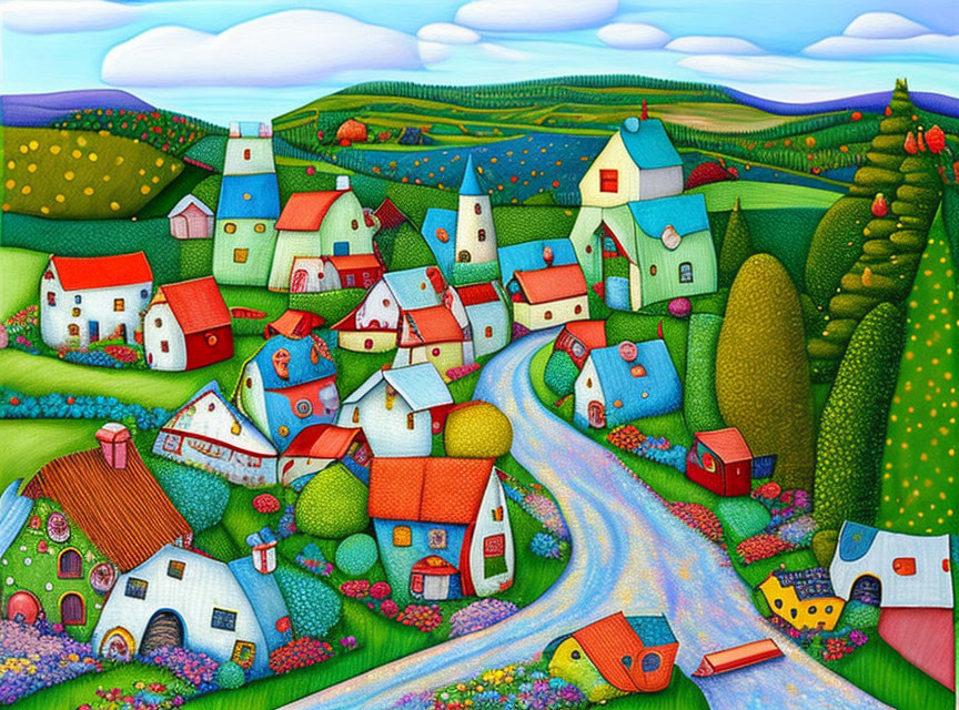 Vibrant painting of whimsical village scene with rolling hills and winding path