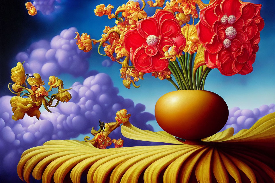 Colorful artwork: red flowers in golden vase on yellow fabric with whimsical cloud characters