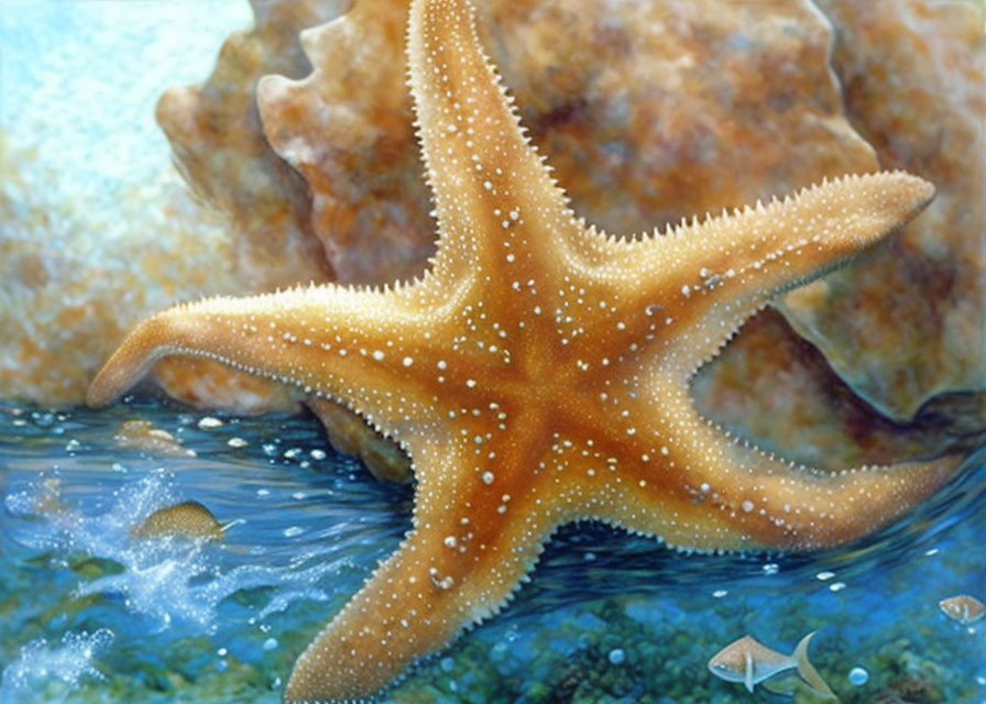 Orange Starfish Clinging to Rock in Clear Blue Water with Small Fish