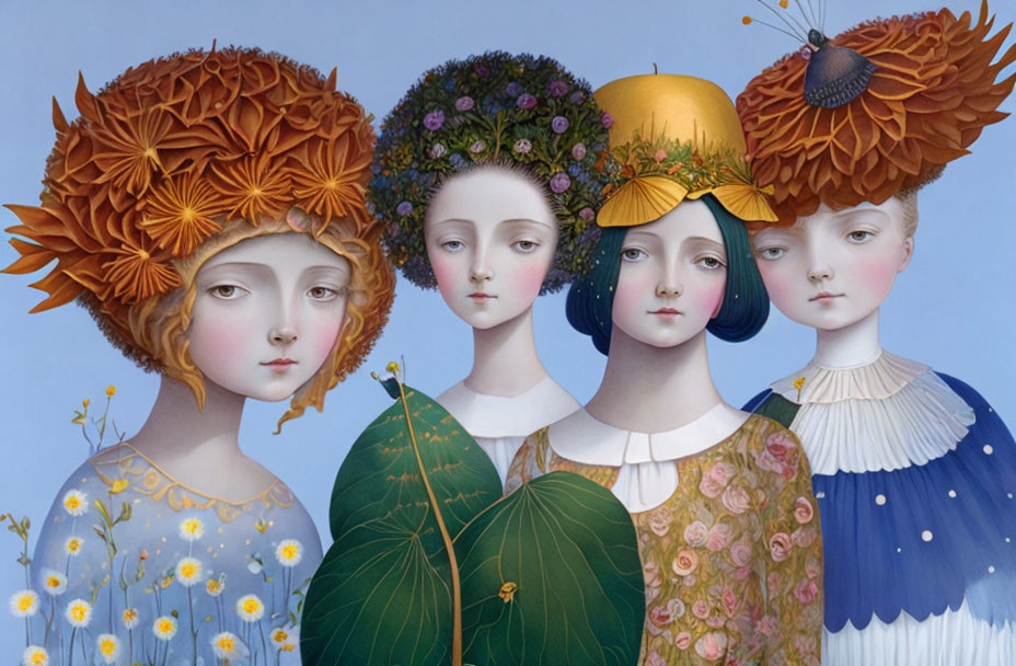 Four Stylized Female Figures with Flower Headdresses on Blue Background