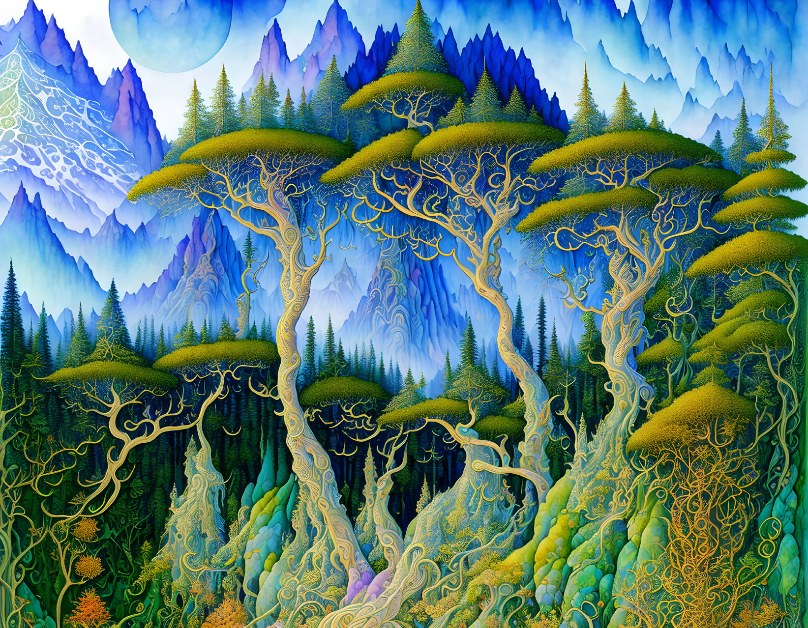 Surreal landscape painting with stylized trees and blue mountains