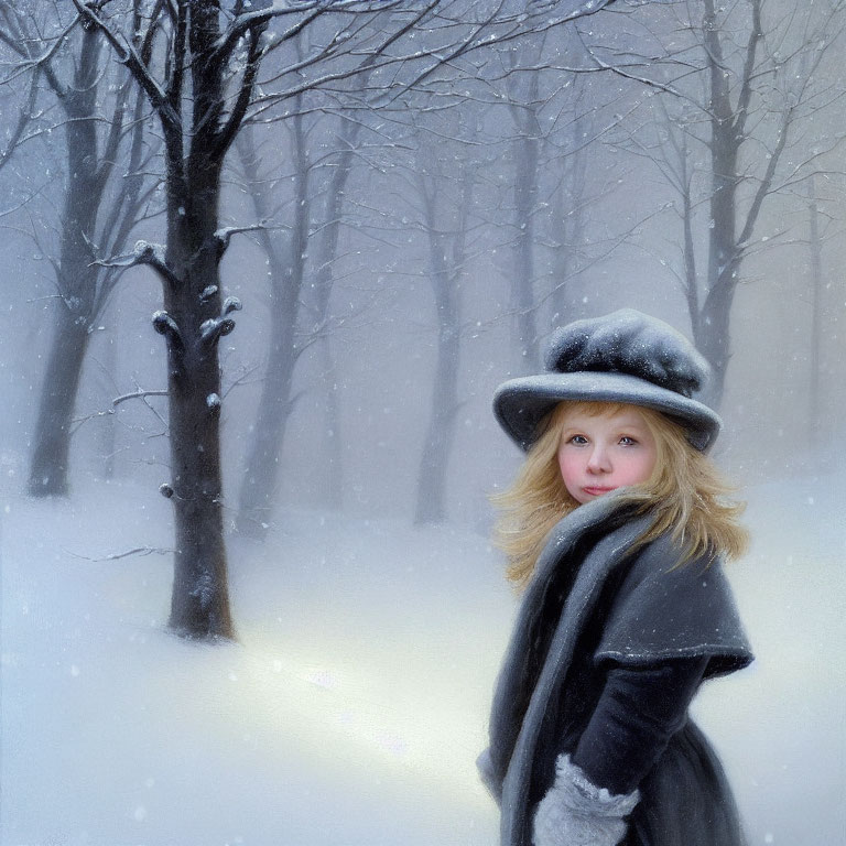 Young girl in vintage black coat and hat in snowy forest landscape