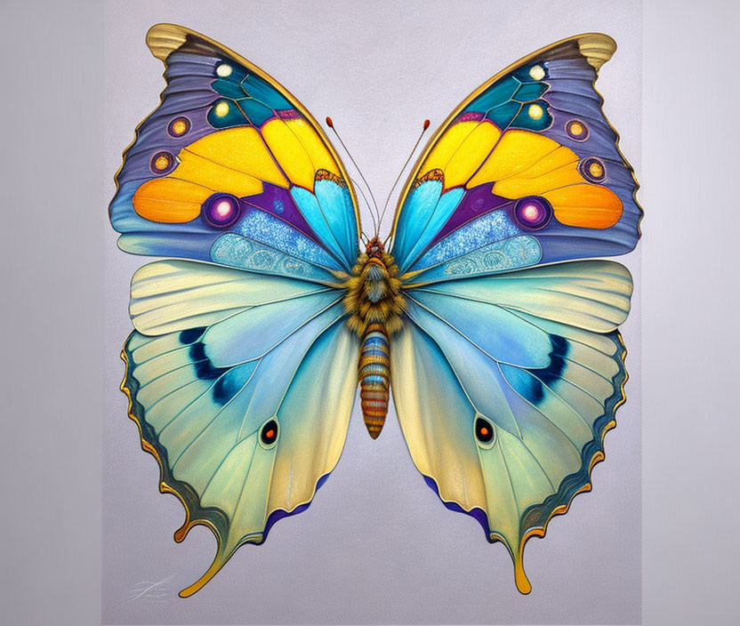 Symmetrical Blue and Yellow Butterfly Illustration on Light Background