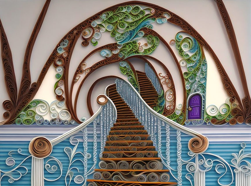 Intricate Quilled Paper Art: Winding Staircase in Earthy & Oceanic T