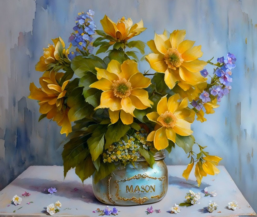 Yellow flowers in Mason jar on blue background with scattered petals