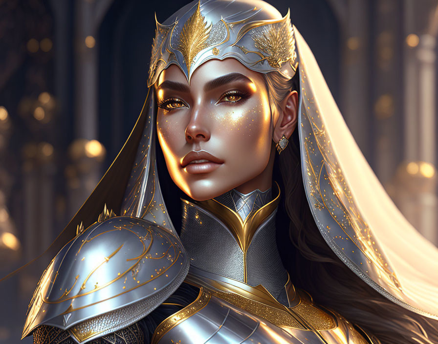 Golden armored female warrior in cathedral-like setting