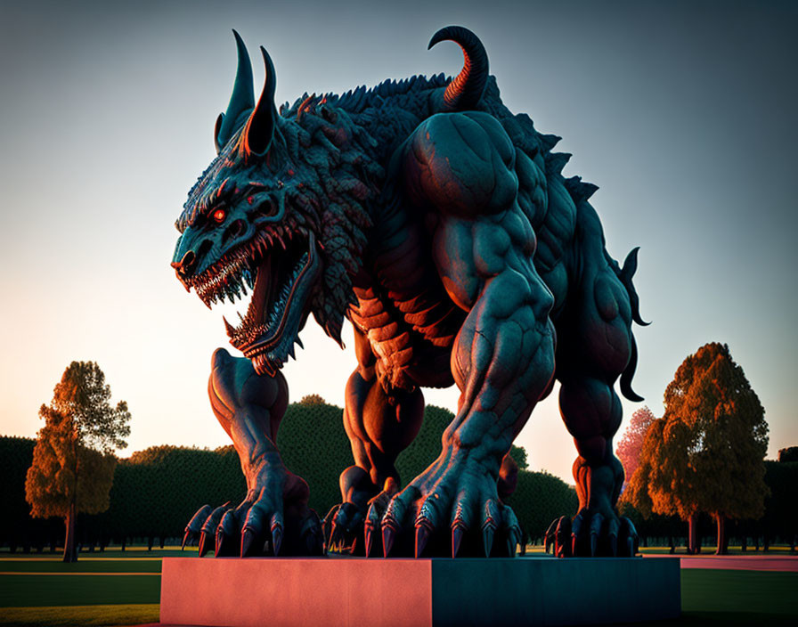 Menacing creature statue with sharp horns in park at dusk