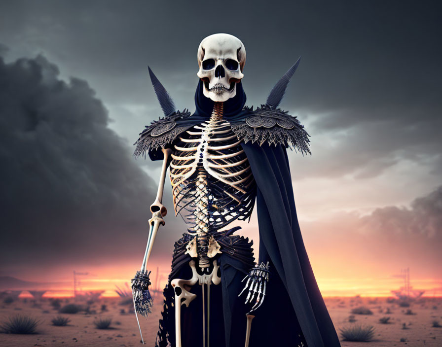 Skeletal Figure in Ornate Armor with Staff in Desert Sunset