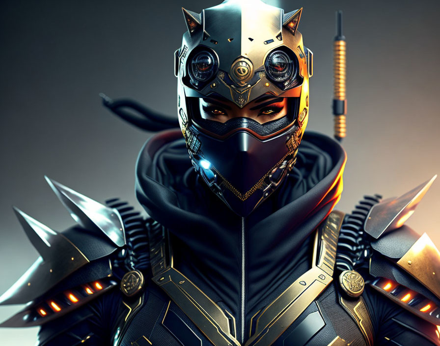 Futuristic warrior in high-tech helmet and spiked armor ready for battle