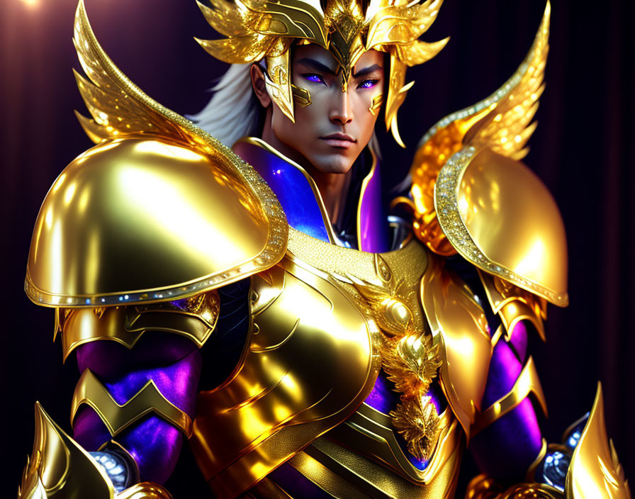 Warrior digital art: ornate golden armor, purple accents, detailed helmet