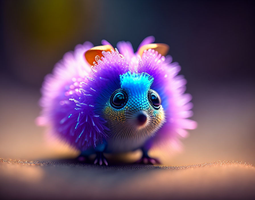 Whimsical purple creature with sparkling eyes on soft background