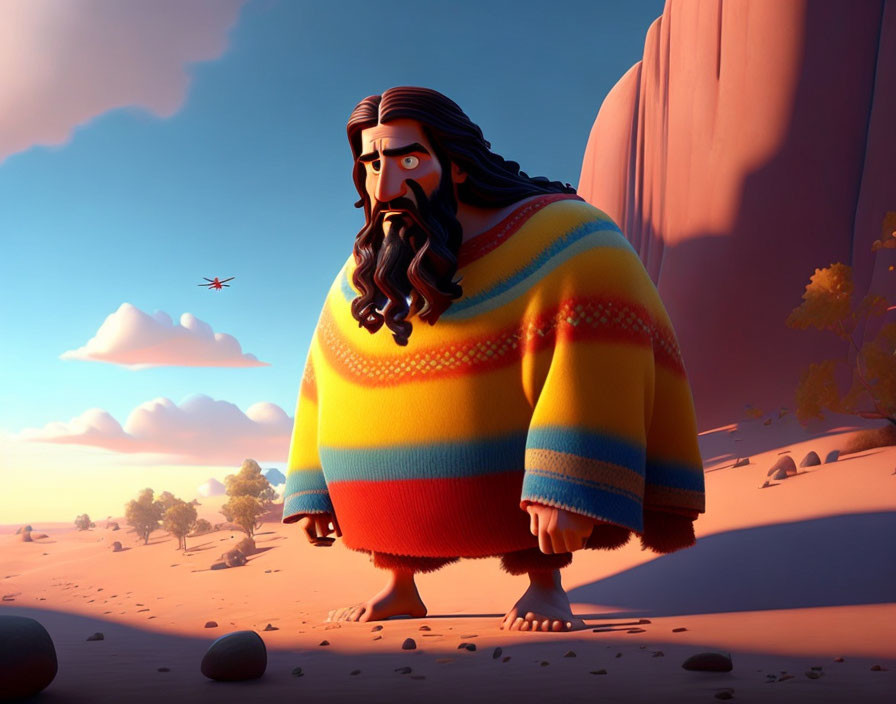 Colorful Sweater-Wearing Bearded Character Gazes at Distant Plane in Desert Sunset