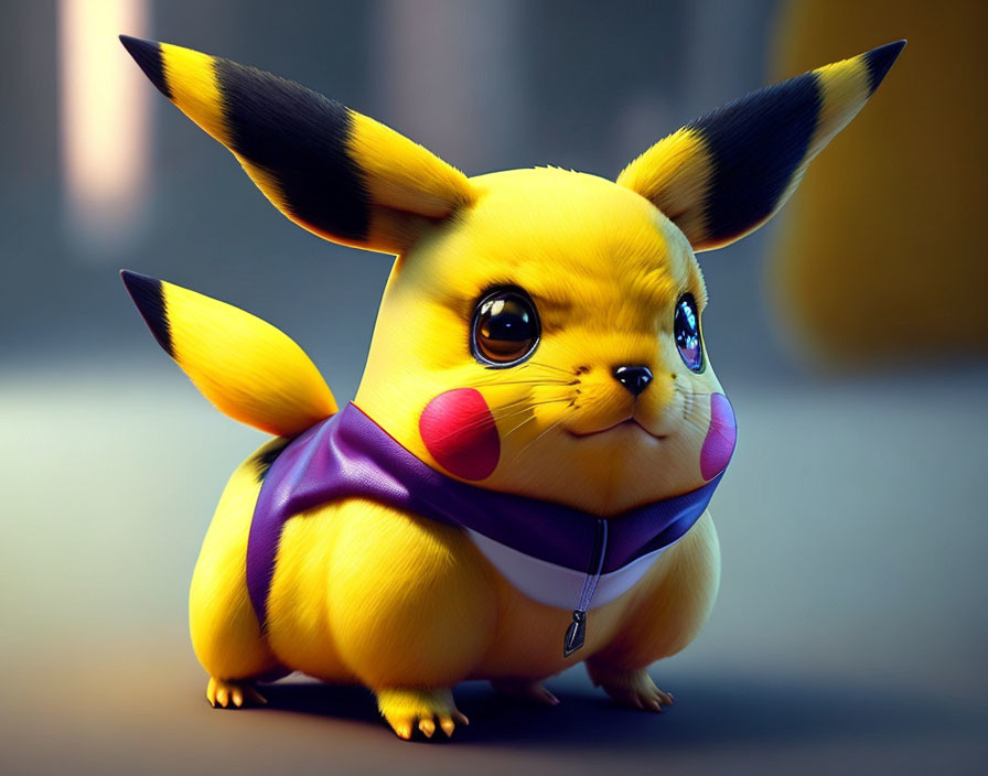 Yellow Electric-Type Pikachu with Oversized Eyes and Purple Collar