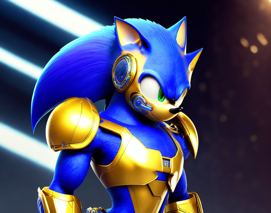 Golden armored Sonic the Hedgehog in 3D with focused expression against speed lines backdrop