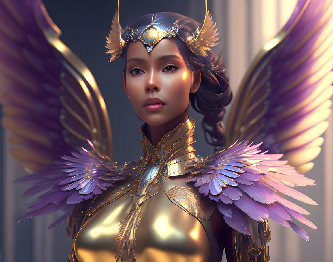 Golden feathered armor and wings on regal woman with ornate headpiece.