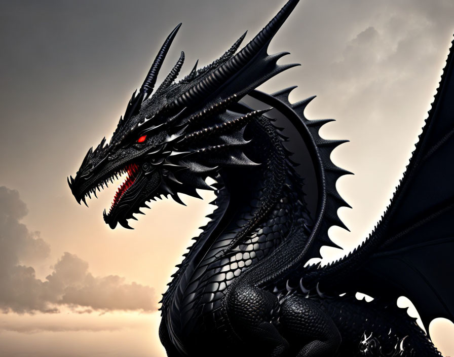 Black dragon with red eyes and sharp spikes against cloudy sky