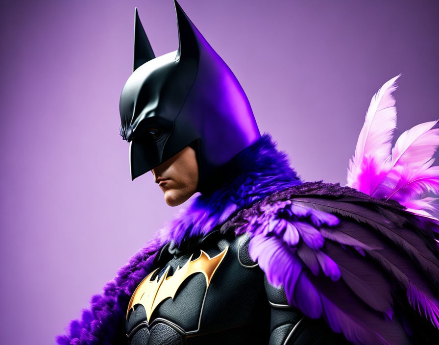 Profile view of person in unique Batman costume with purple and pink feathered wings