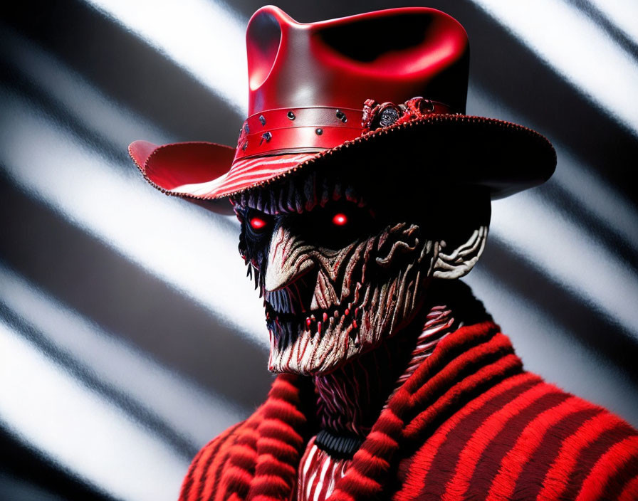 Striped sweater Freddy Krueger figure in red hat on striped background