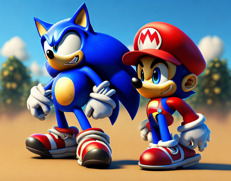 Blue hedgehog and red-capped man together in image.