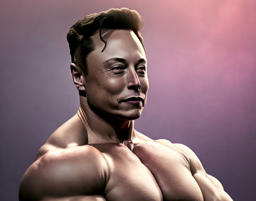 Muscular body with Elon Musk-like head on dual-tone background