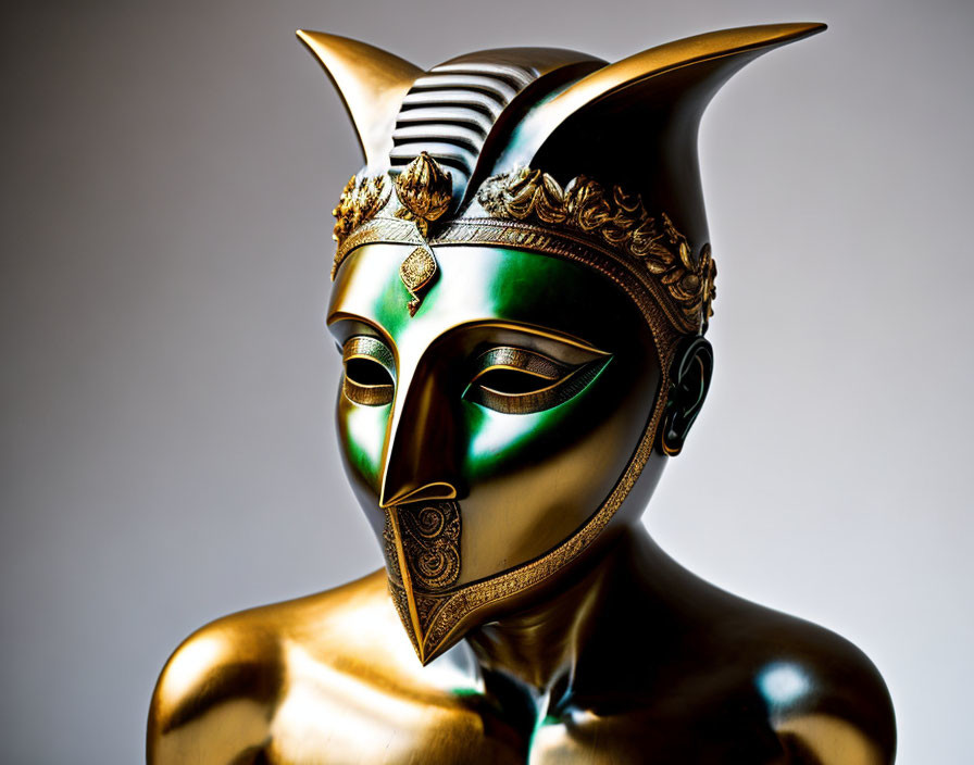 Intricate golden mask with serene expression and almond-shaped eyes