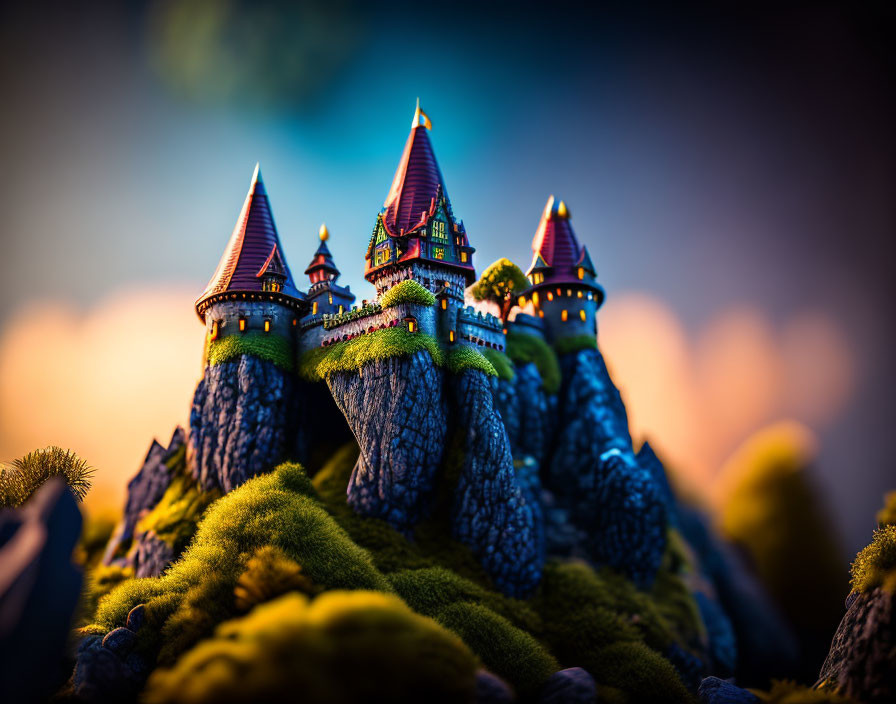 Miniature castle on rugged cliffs with lush greenery and vibrant sunset colors