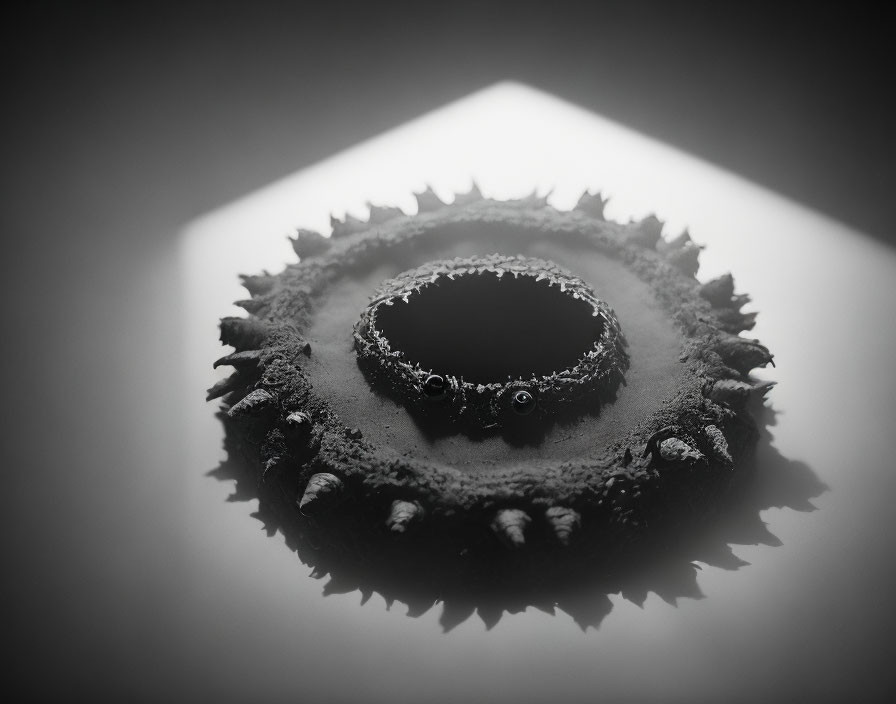 Monochromatic photo of illuminated mechanical gear