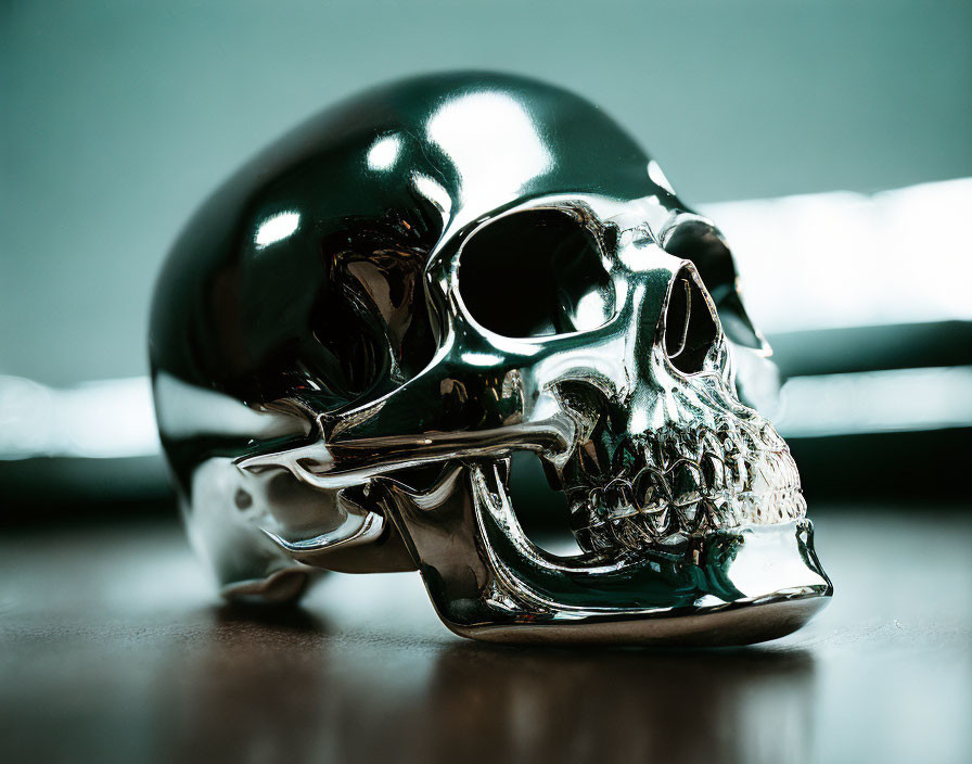 Reflective metallic skull on soft blue background - modern art meets mortality contrast