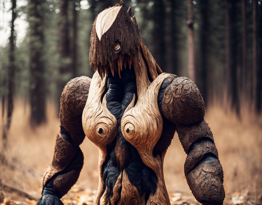 Wooden Masked Figure with Nature-Inspired Costume in Forest