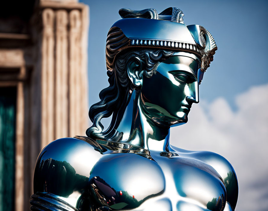 Reflective metallic sculpture of classical figure under blue sky.