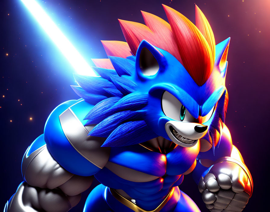 Super Sonic wielding blue lightsaber in cosmic backdrop