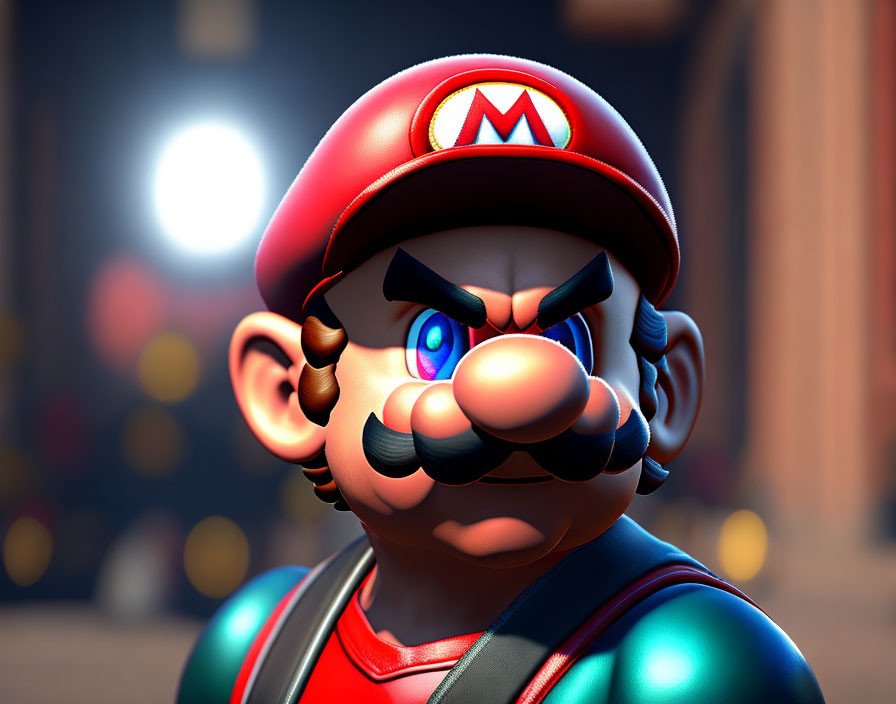 Angry Mario 3D Render in Dimly Lit Setting